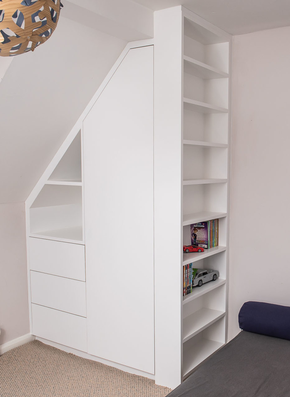 hand painted white alcove unit with adjacent bookcase in hemel hempstead